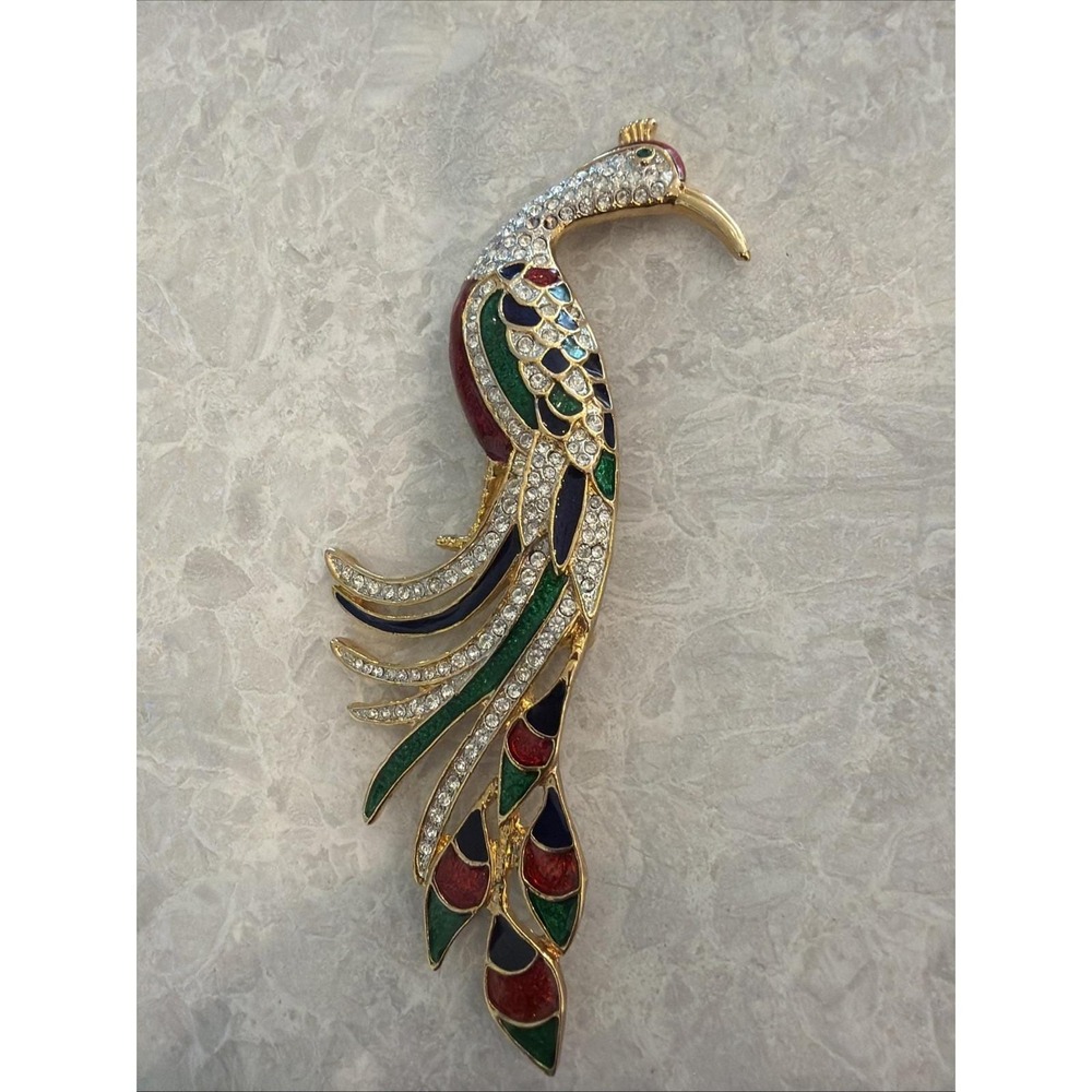 Colorful Large Vintage Art Deco Bird Of Paradise Peacock Brooch 4.5 Inches